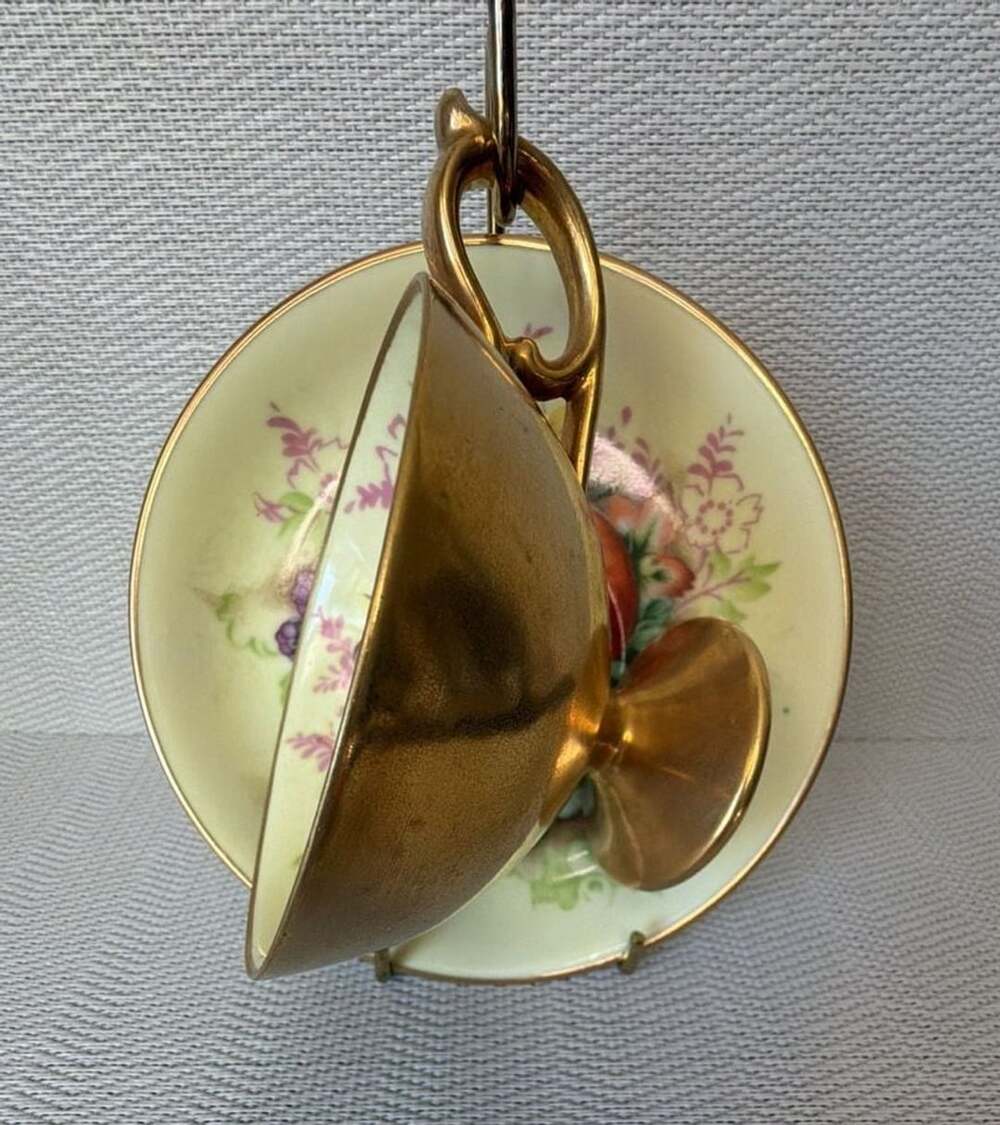 Maruichi Tea Cup And Saucer Set Hand Painted Gold Fruit Design Japan